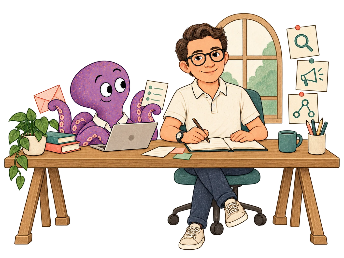 Paolo and the octopus working together at a desk with a laptop, a notebook and planning materials.